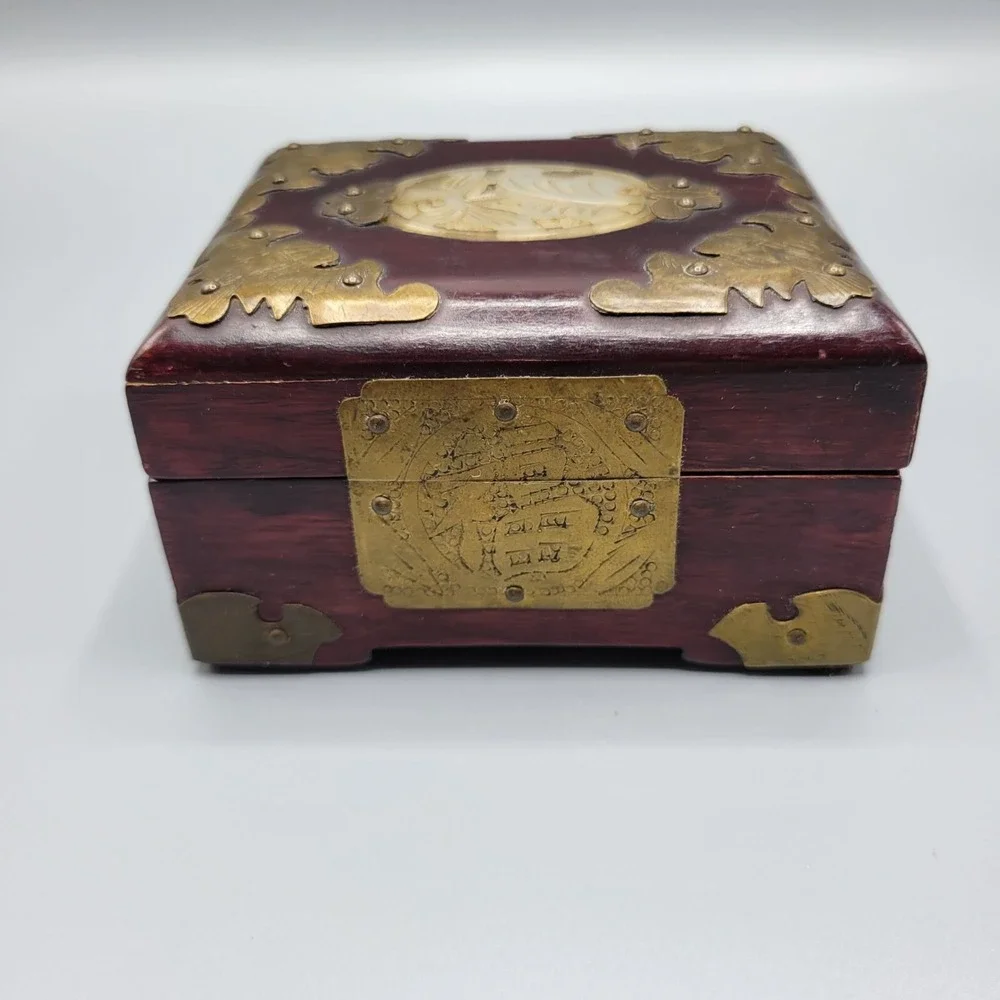 Vtg Chinese Wood Brass Carved White Jade Medallion Ornate Jewelry Box 4.25